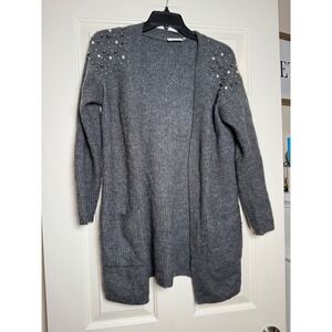 Kaffe Cammi‎ Rib Cardigan Grey Pearl Stud Embellished Open Front Sweater XS
